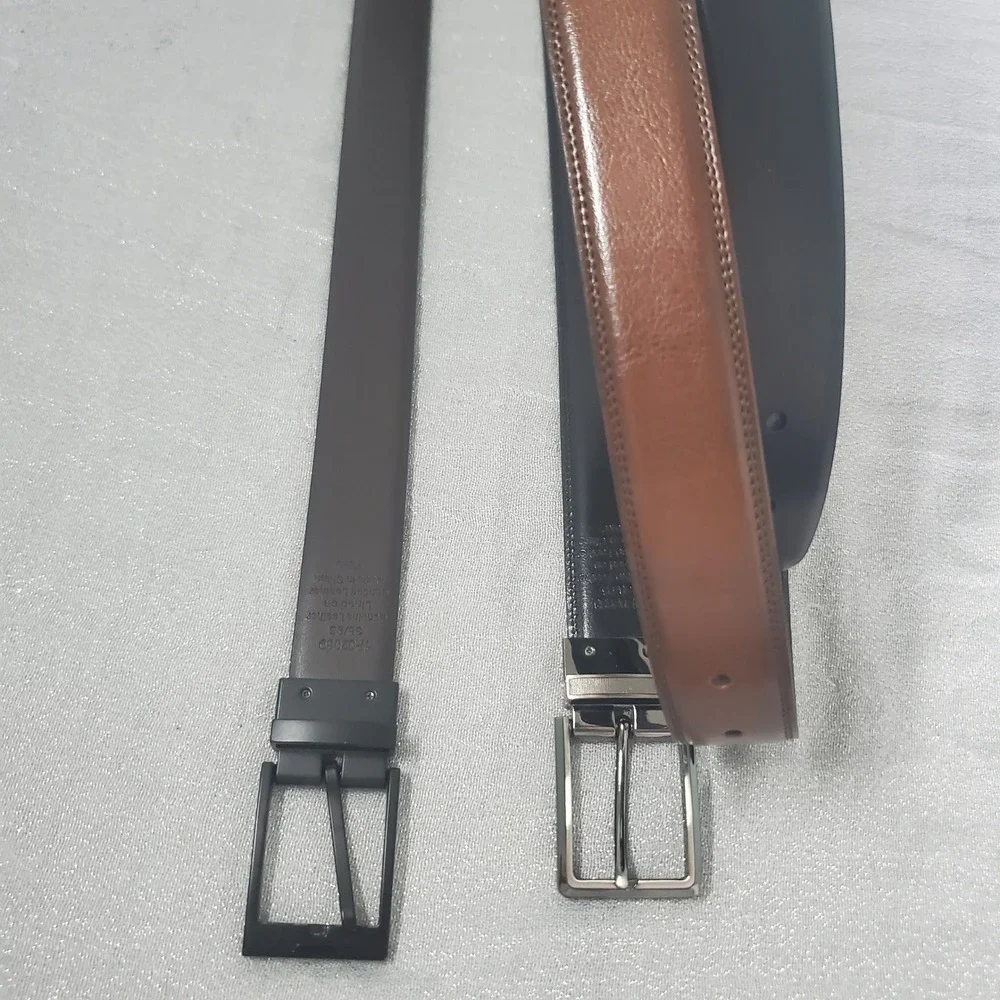 Perry Ellis Mens Leather Belt Set 2-Pack Black Brown Tan‎ Size 38/95